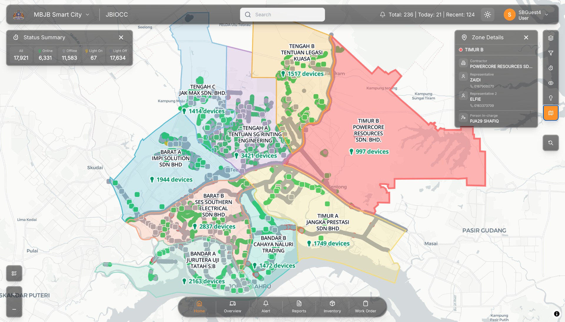 The ConnectCity live map for MBJB Smart City: Johor Bahru divided into coloured maintenance zones, with device counts per zone and a status summary