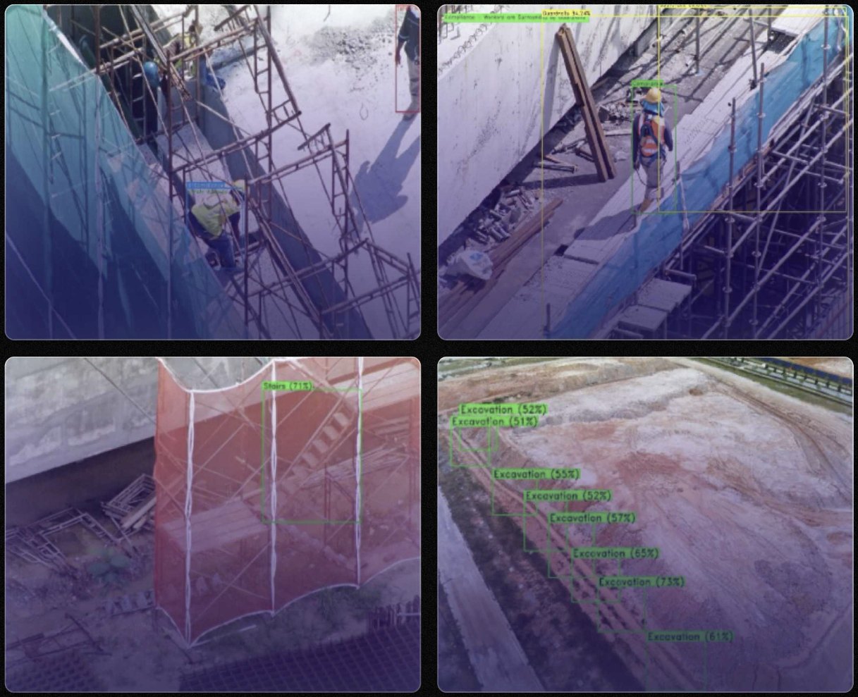 Four drone frames of a construction site with detection boxes: a worker's helmet and vest, guardrails, stairs with handrails, and excavation edges