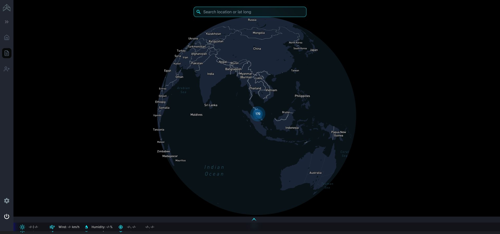 The DRONOS project landing page: a dark 3D globe centred on South-East Asia with a cluster of projects over Malaysia