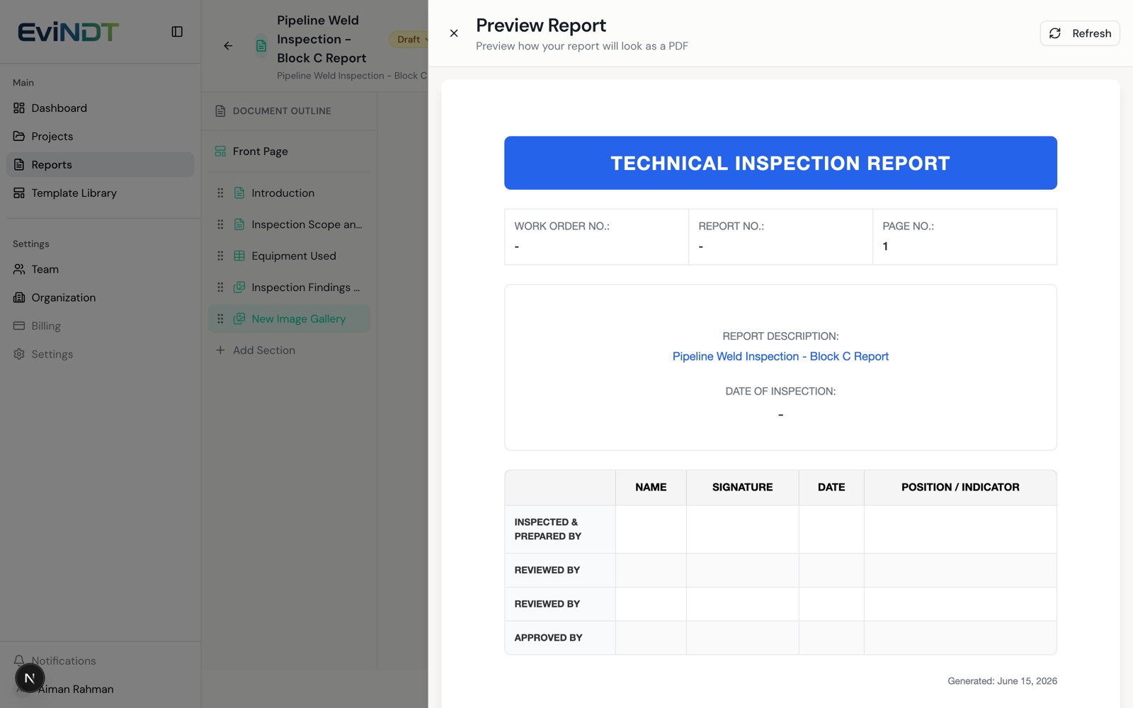 The EviNDT preview panel showing a finished Technical Inspection Report with its sign-off table