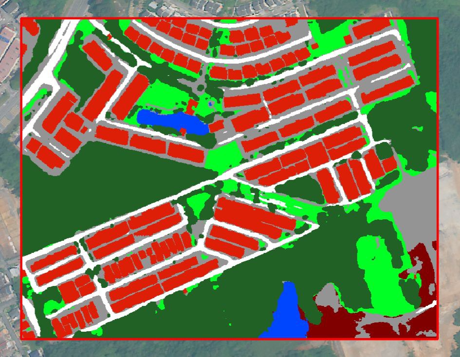 The same area classified, with each terrace row picked out in red