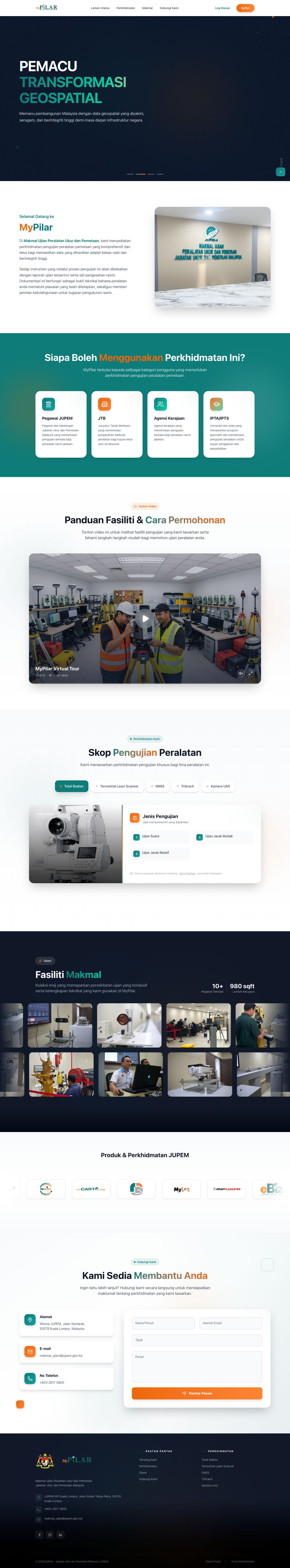 The MyPilar landing page: who can use the service, a virtual tour of the laboratory, the equipment tested, the laboratory facilities and a contact form