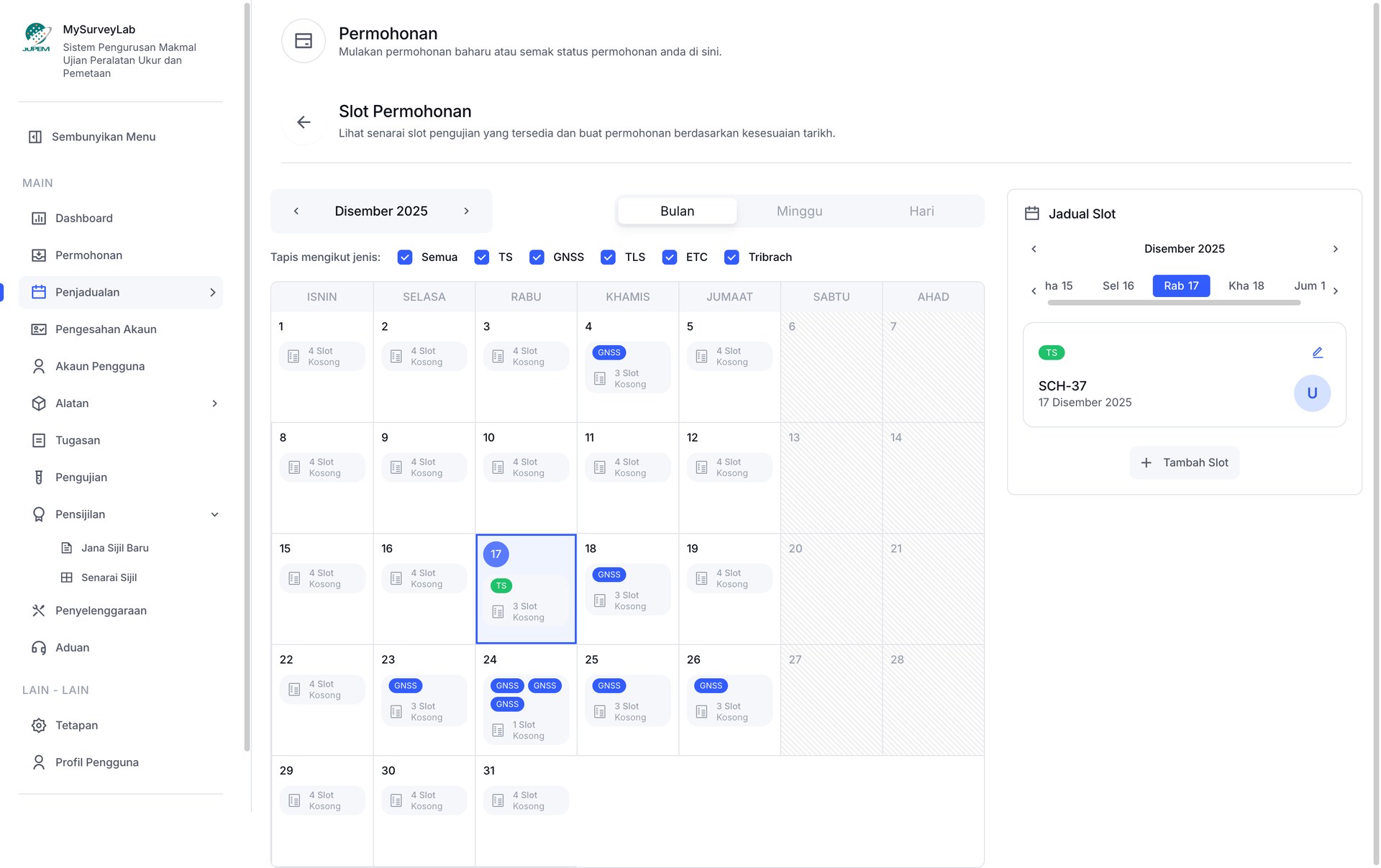 The scheduling calendar: test slots for total station, GNSS and laser scanner across a month