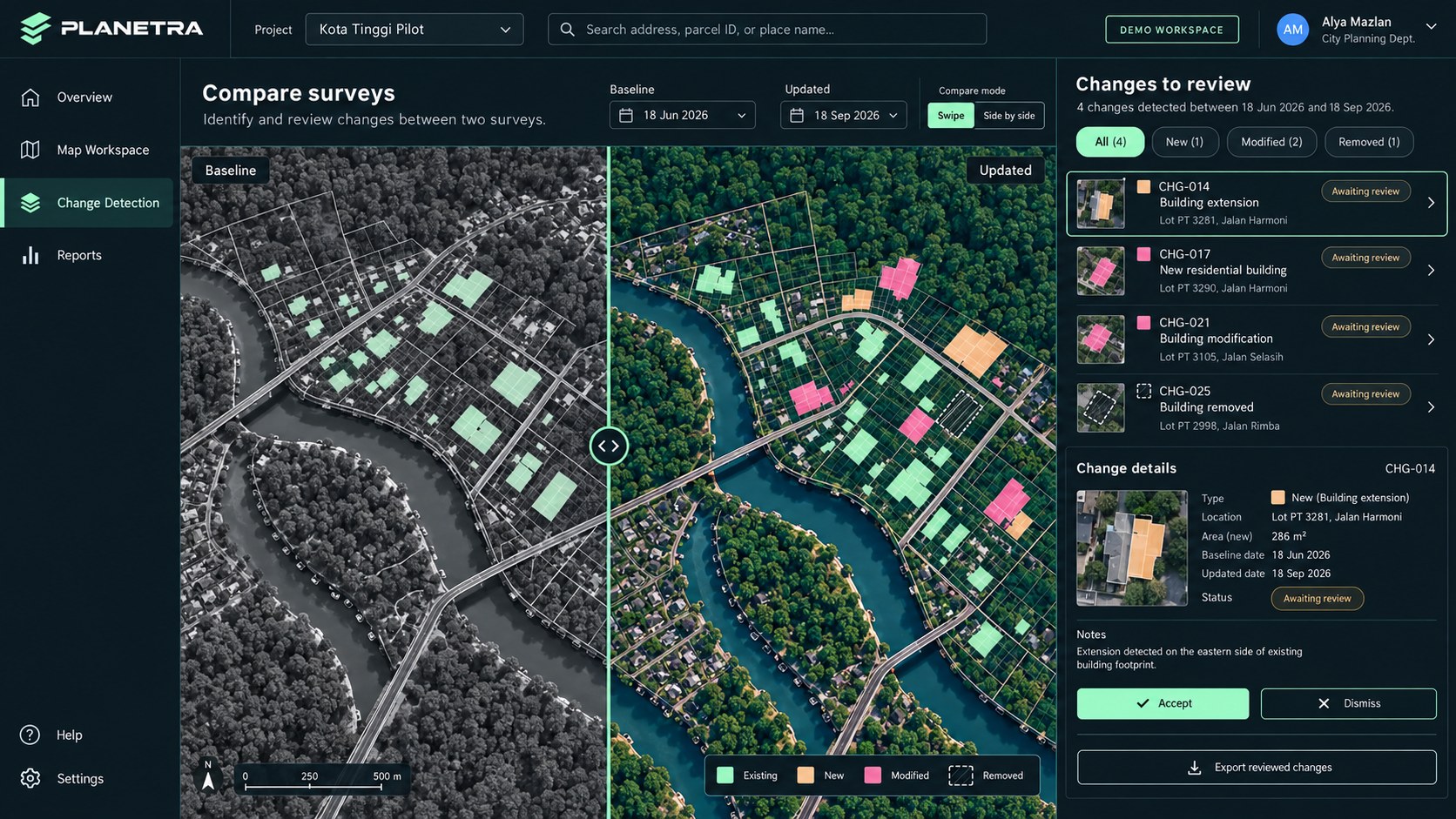 A Planetra interface concept for change detection: a baseline and an updated survey compared with a swipe, and a list of detected building changes to review
