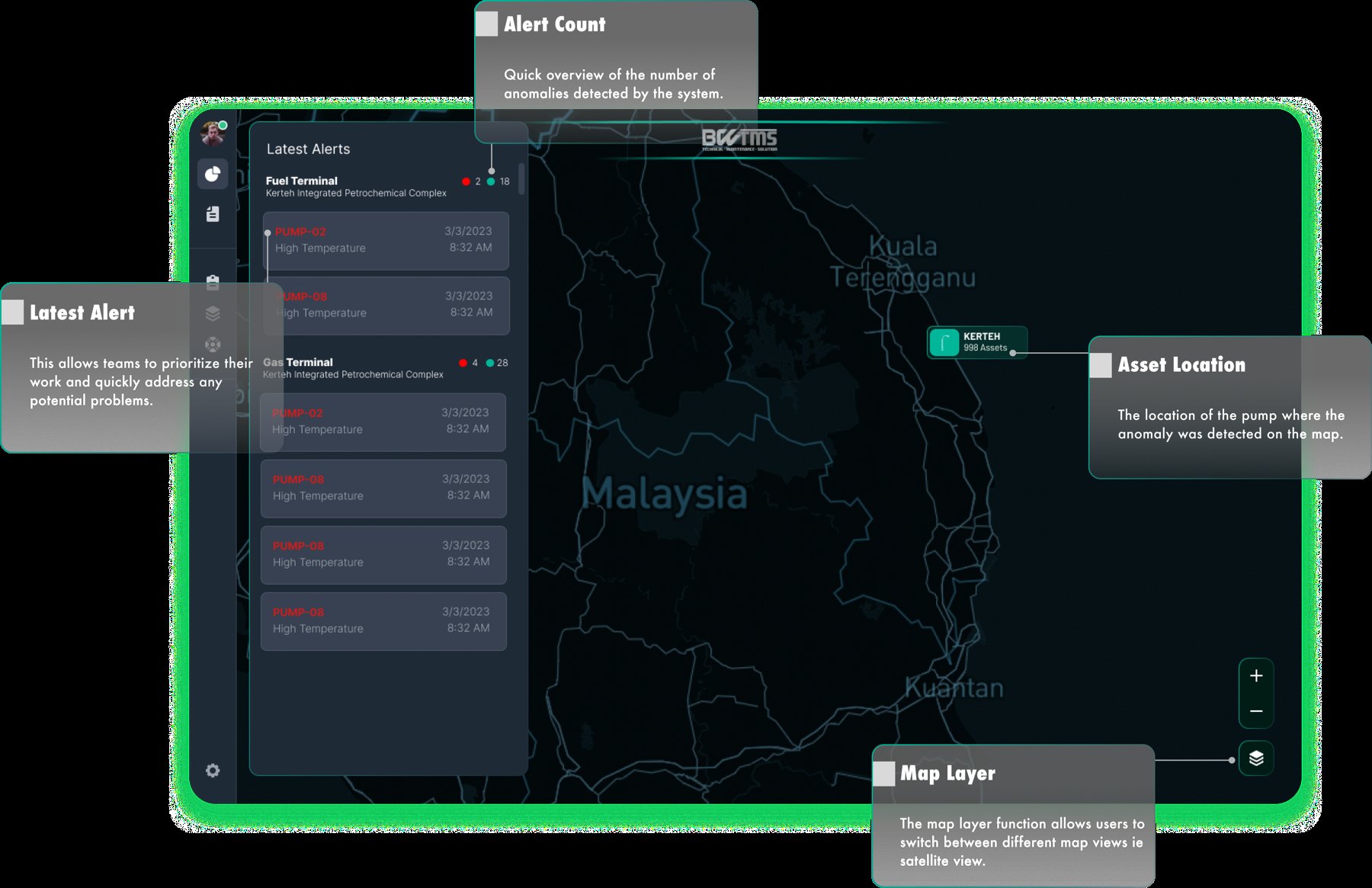 BW-Pulse site view: a map of Malaysia with the Kerteh site marked and a list of latest alerts