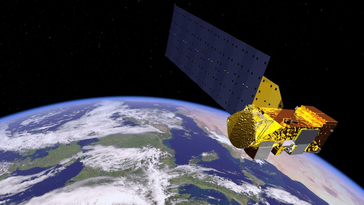 An Earth-observing satellite in orbit, with the Earth below