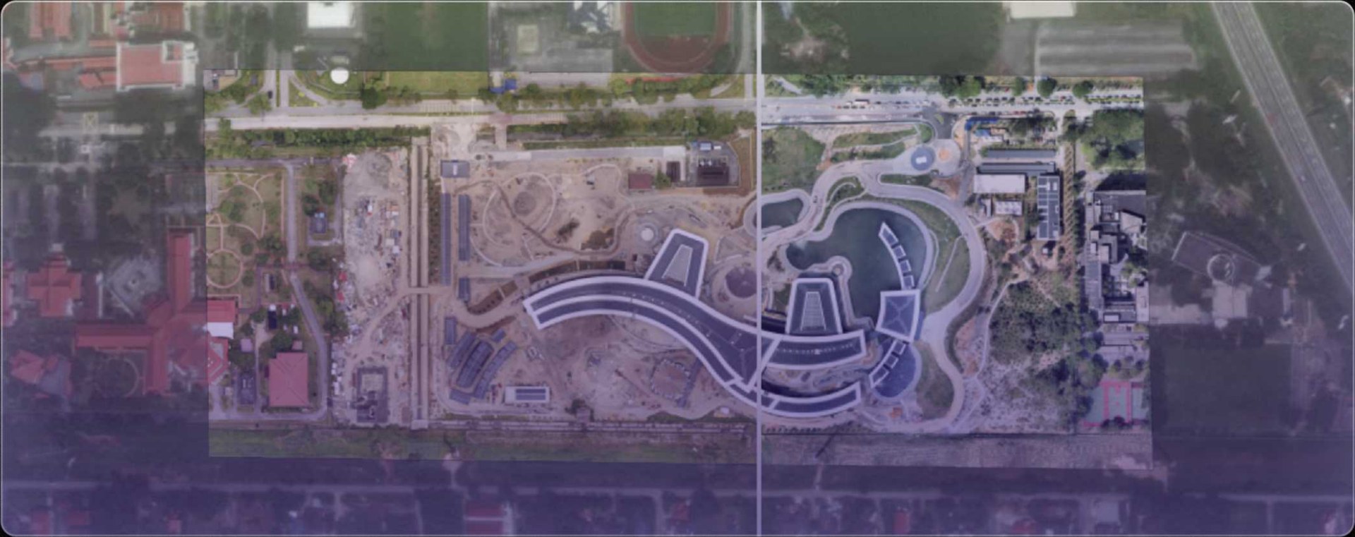 A drone orthophoto of a construction site, split down the middle to compare two dates