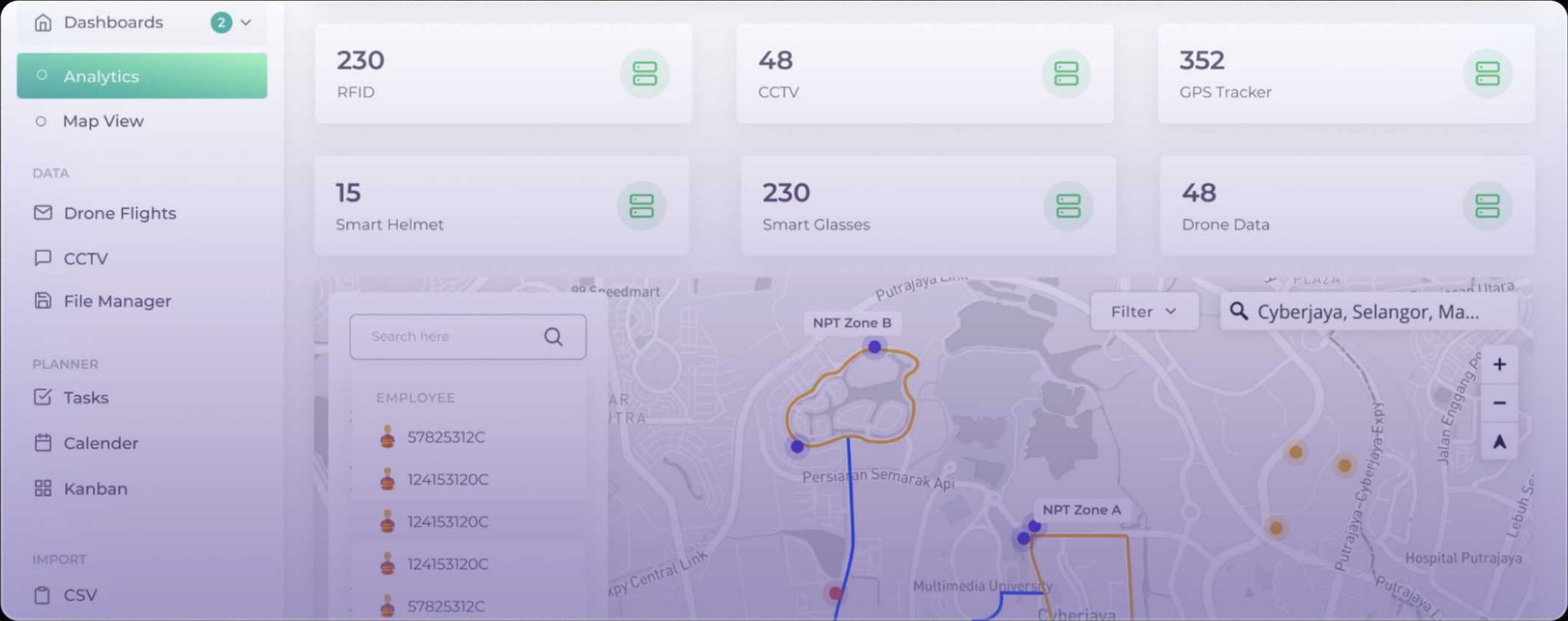 The construction monitoring dashboard: counts of RFID tags, CCTV, GPS trackers, smart helmets and drone flights above a site map